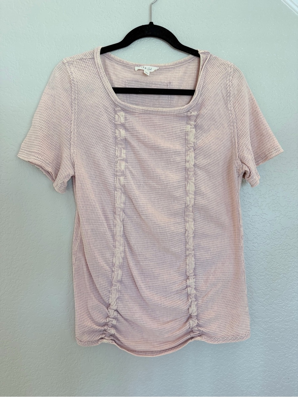Oli & Hali Blush Pink Waffle Knit Square Neck Ruched Tee Short Sleeve Top Size L
